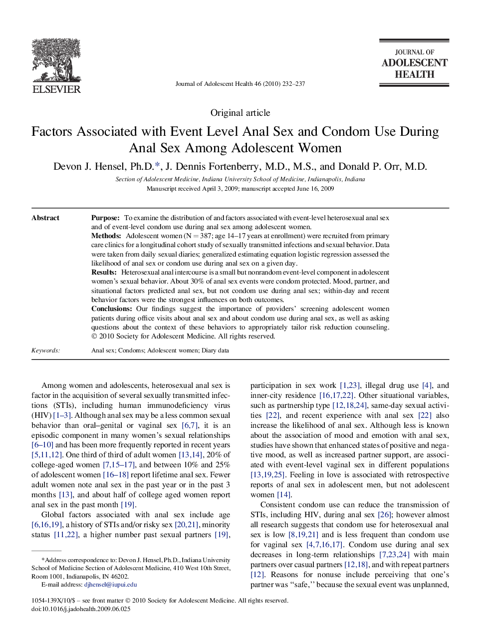 Factors Associated with Event Level Anal Sex and Condom Use During Anal Sex Among Adolescent Women