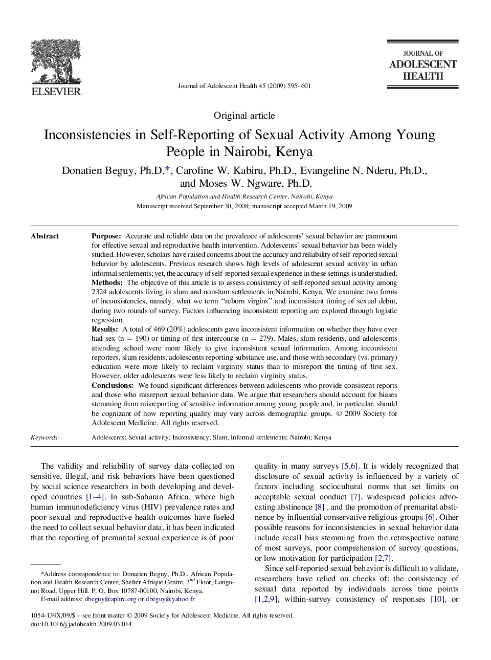 Inconsistencies in Self-Reporting of Sexual Activity Among Young People in Nairobi, Kenya