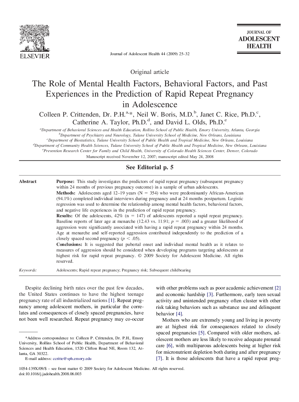 The Role of Mental Health Factors, Behavioral Factors, and Past Experiences in the Prediction of Rapid Repeat Pregnancy in Adolescence