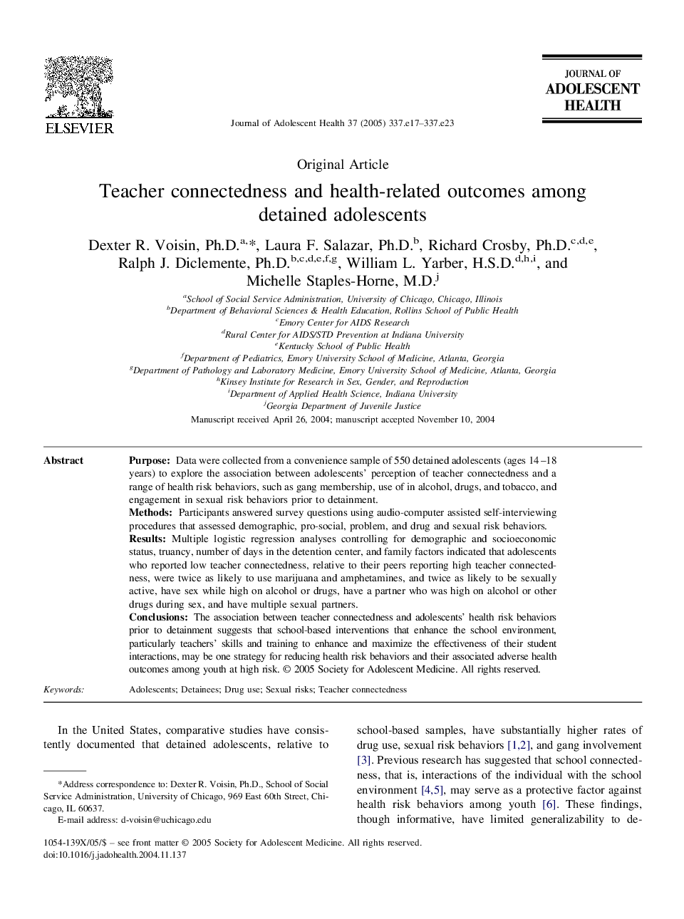 Teacher connectedness and health-related outcomes among detained adolescents