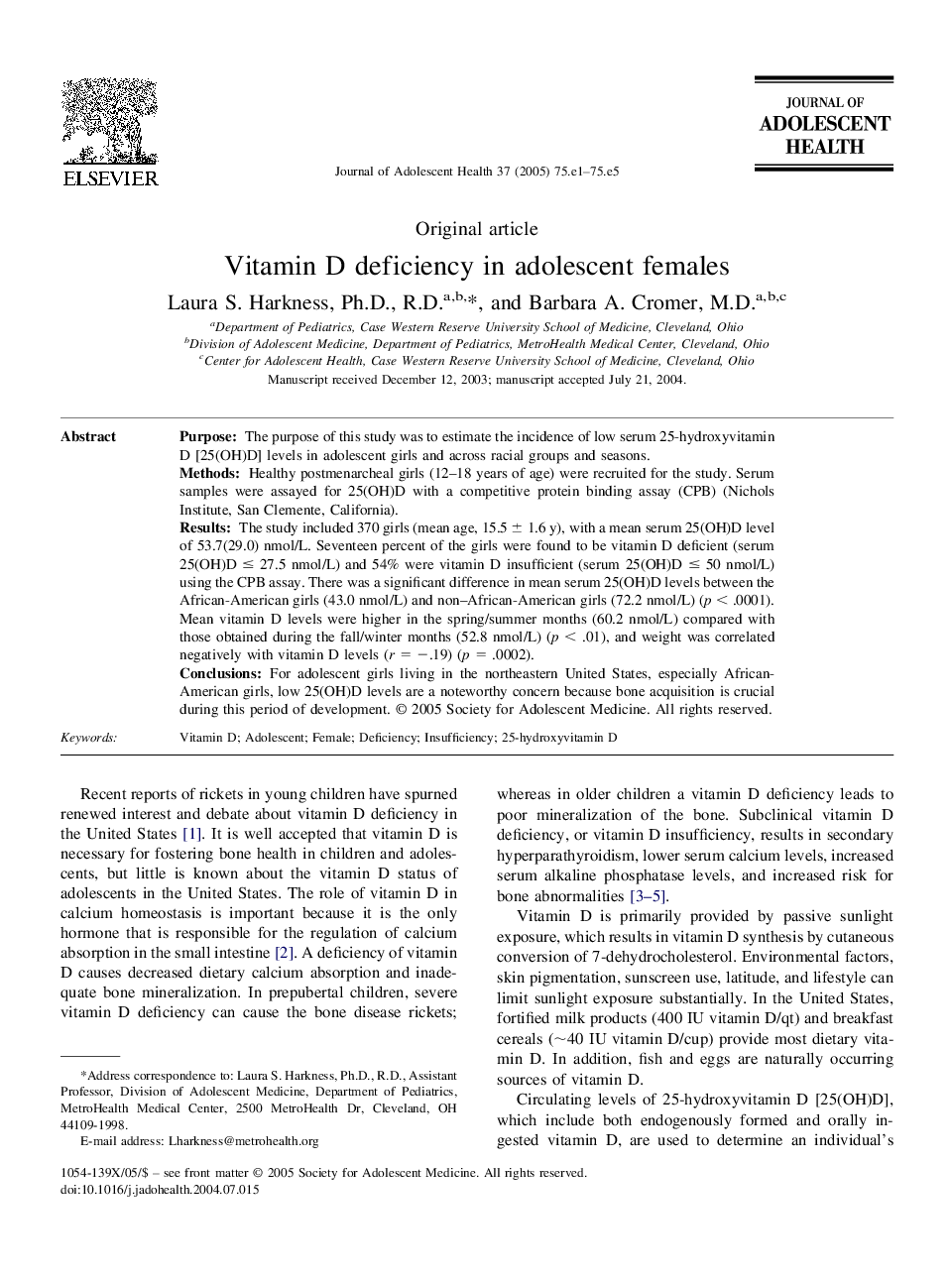 Vitamin D deficiency in adolescent females