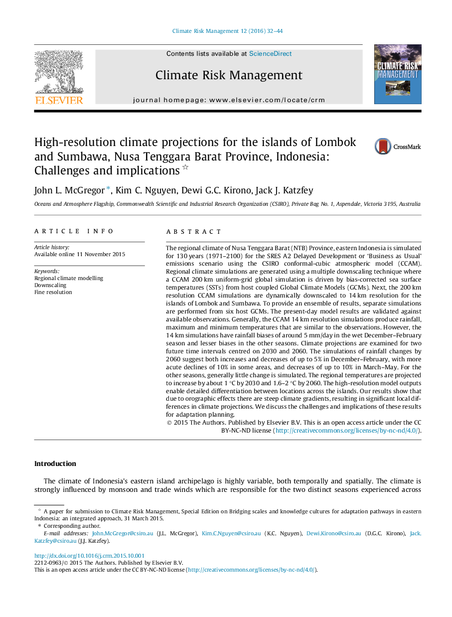 High-resolution climate projections for the islands of Lombok and Sumbawa, Nusa Tenggara Barat Province, Indonesia: Challenges and implications 