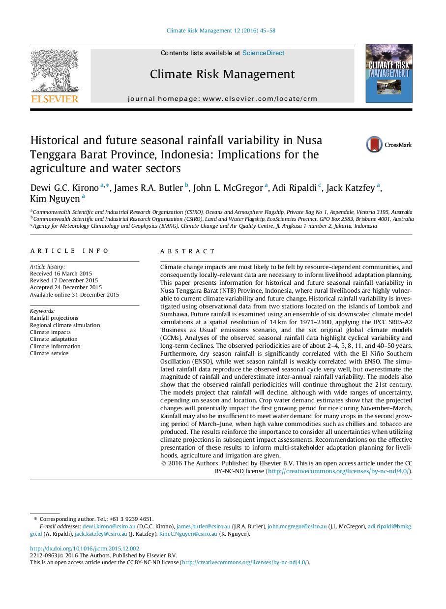 Historical and future seasonal rainfall variability in Nusa Tenggara Barat Province, Indonesia: Implications for the agriculture and water sectors