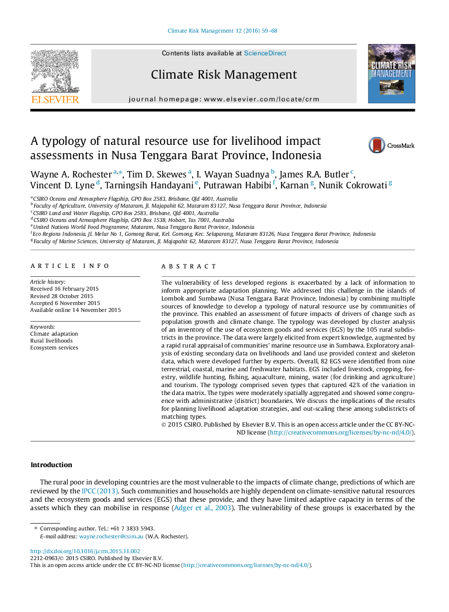 A typology of natural resource use for livelihood impact assessments in Nusa Tenggara Barat Province, Indonesia