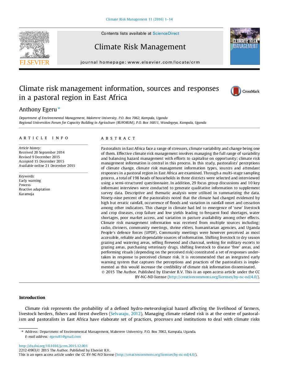 Climate risk management information, sources and responses in a pastoral region in East Africa