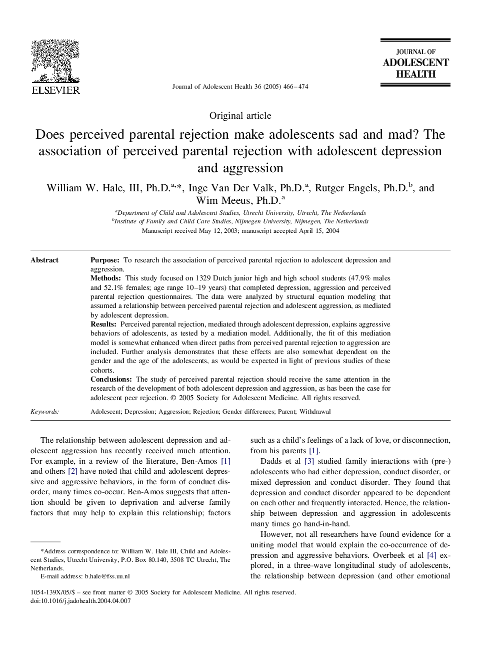 Does perceived parental rejection make adolescents sad and mad? The association of perceived parental rejection with adolescent depression and aggression