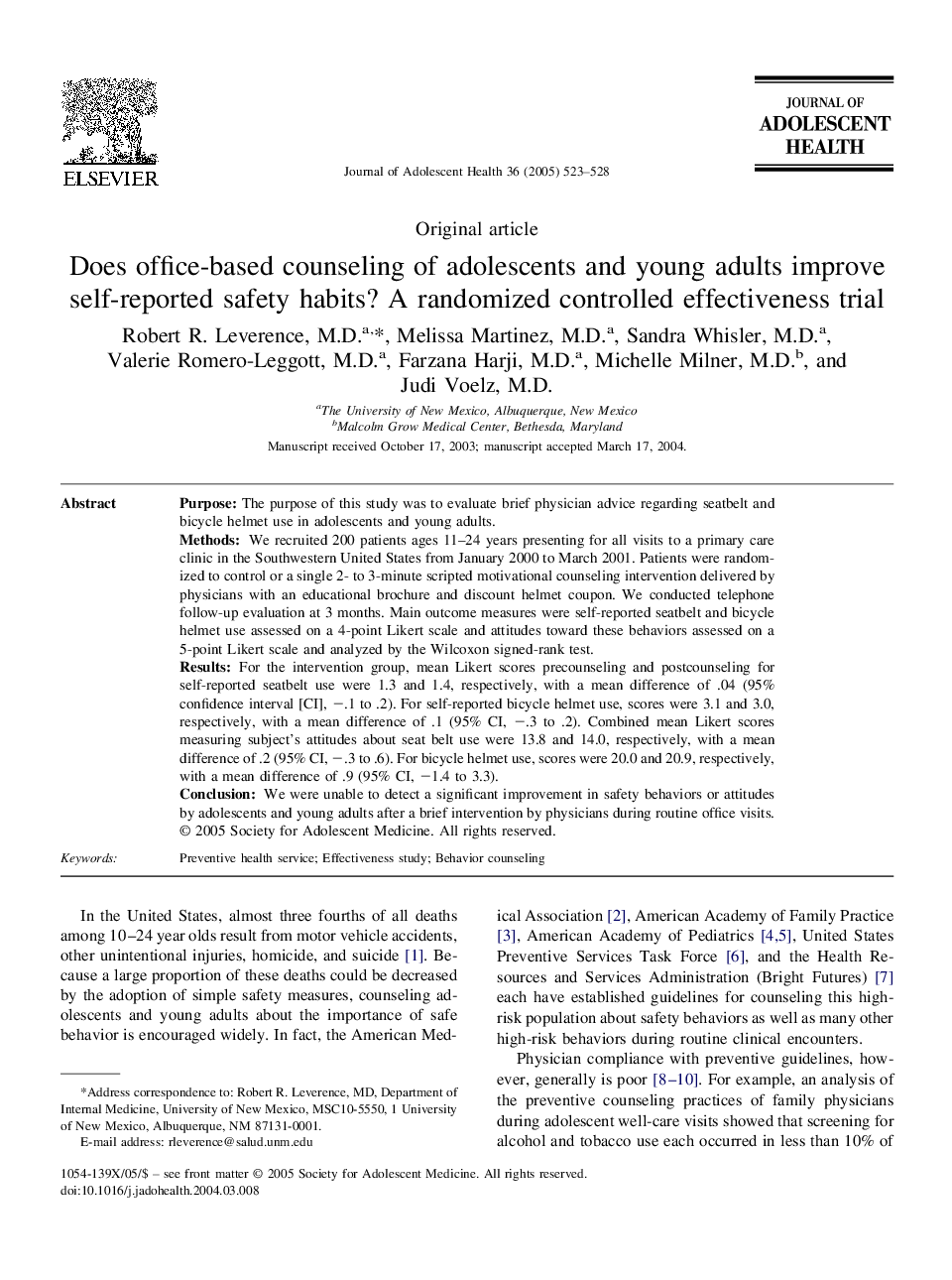 Does office-based counseling of adolescents and young adults improve self-reported safety habits? A randomized controlled effectiveness trial