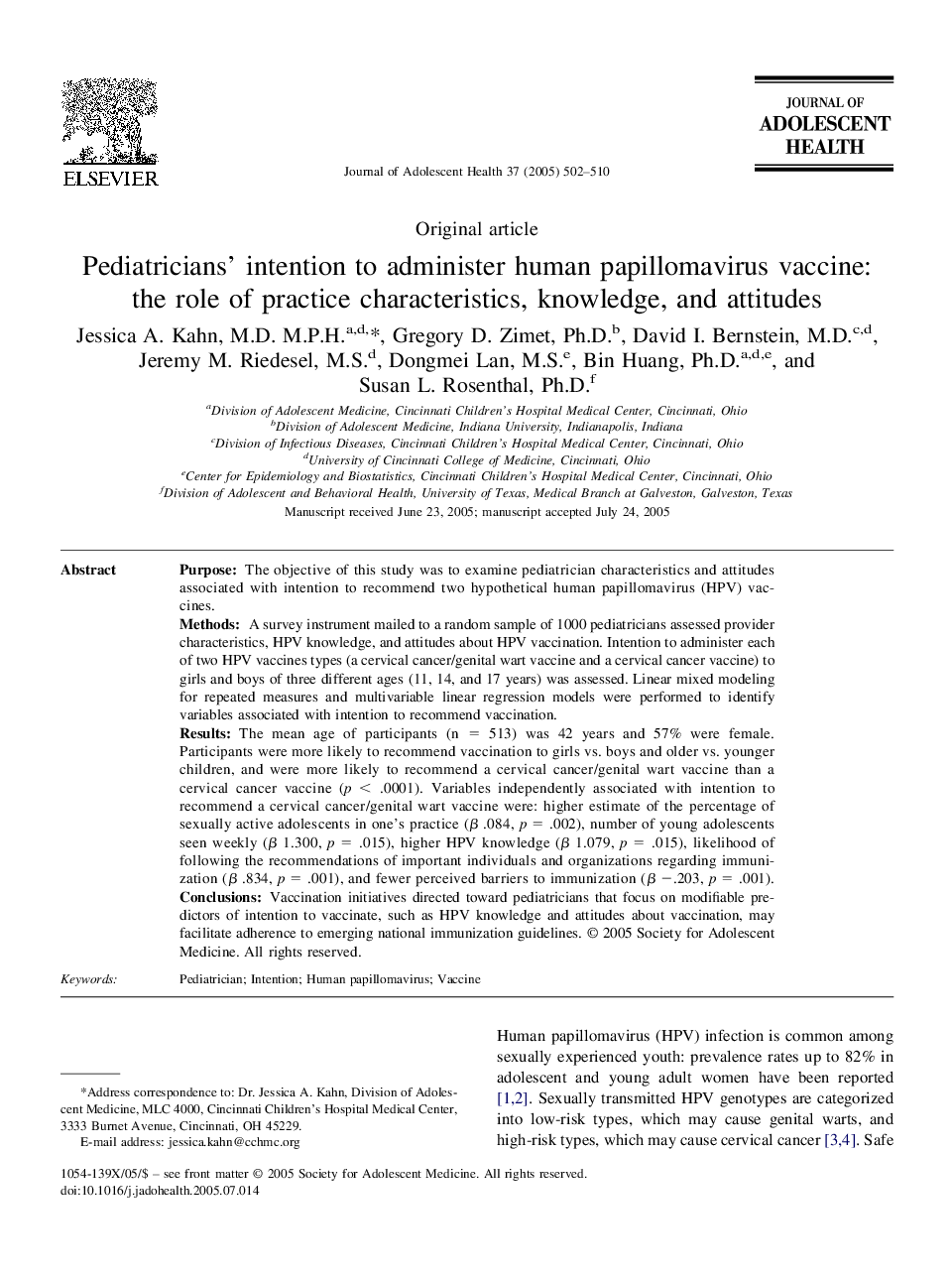 Pediatricians' intention to administer human papillomavirus vaccine: the role of practice characteristics, knowledge, and attitudes