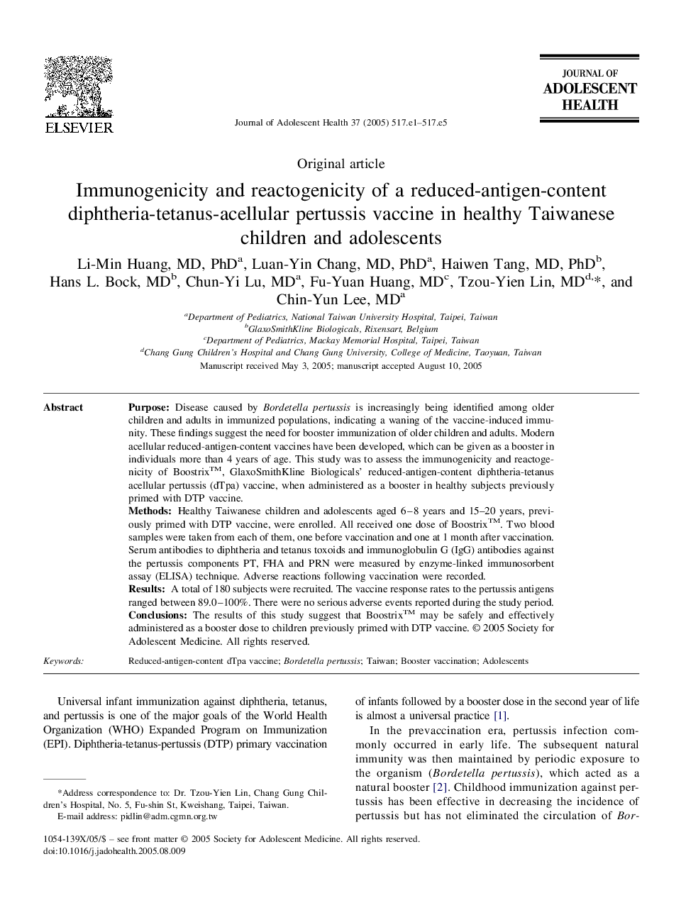 Immunogenicity and reactogenicity of a reduced-antigen-content diphtheria-tetanus-acellular pertussis vaccine in healthy Taiwanese children and adolescents