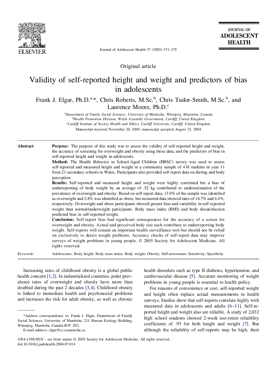 Validity of self-reported height and weight and predictors of bias in adolescents