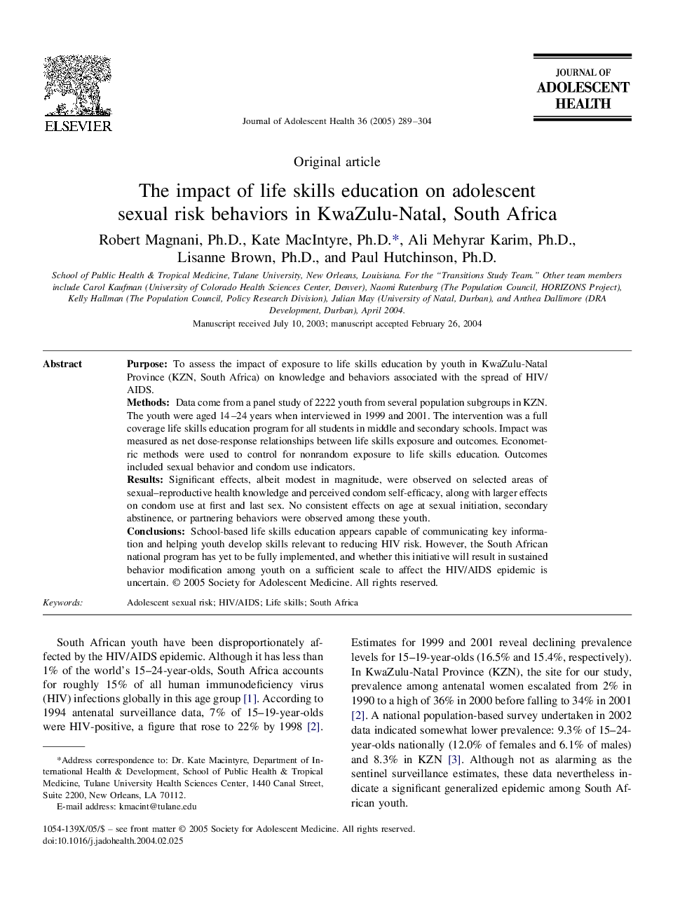 The impact of life skills education on adolescent sexual risk behaviors in KwaZulu-Natal, South Africa