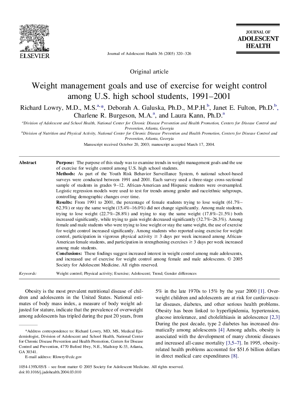 Weight management goals and use of exercise for weight control among U.S. high school students, 1991-2001