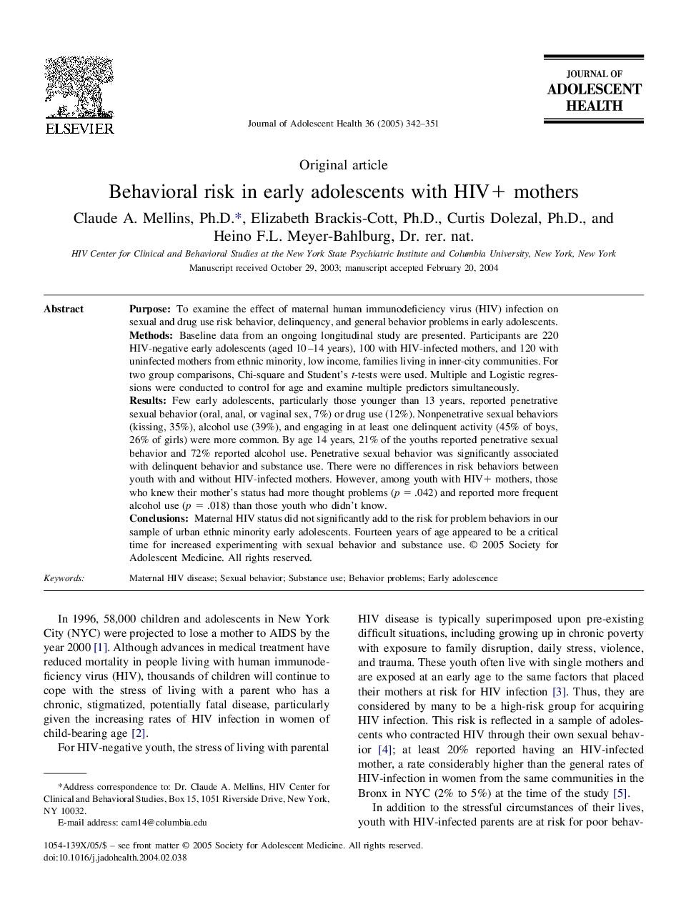 Behavioral risk in early adolescents with HIV+ mothers