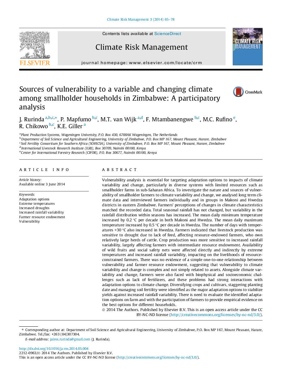 Sources of vulnerability to a variable and changing climate among smallholder households in Zimbabwe: A participatory analysis