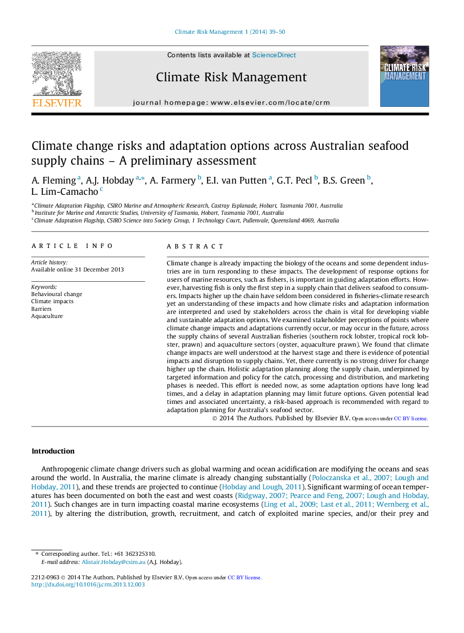 عکس صفحه اول مقاله: Climate change risks and adaptation options across Australian seafood supply chains – A preliminary assessment Climate change risks and adaptation options across Australian seafood supply chains – A preliminary assessment