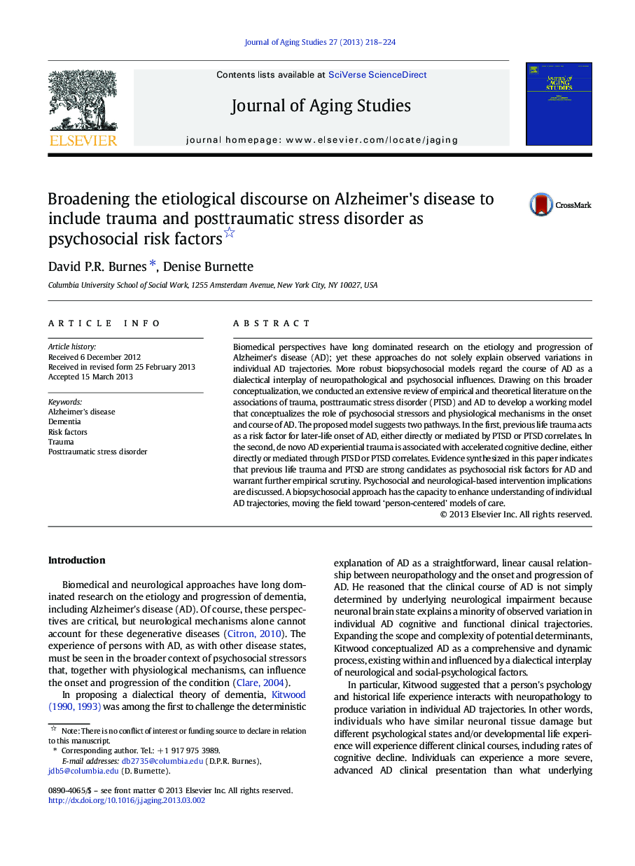 Broadening the etiological discourse on Alzheimer's disease to include trauma and posttraumatic stress disorder as psychosocial risk factors