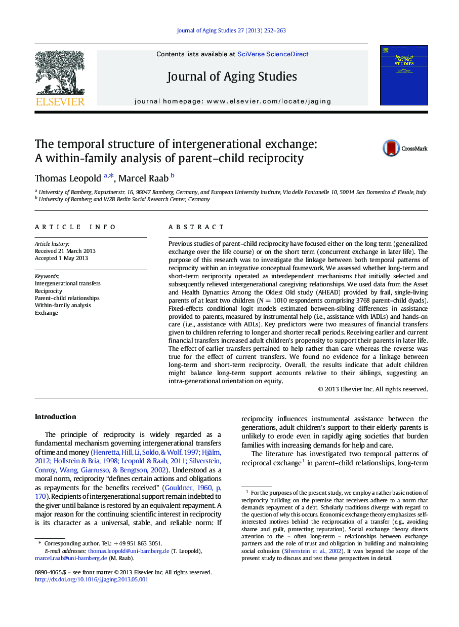 The temporal structure of intergenerational exchange: A within-family analysis of parent-child reciprocity