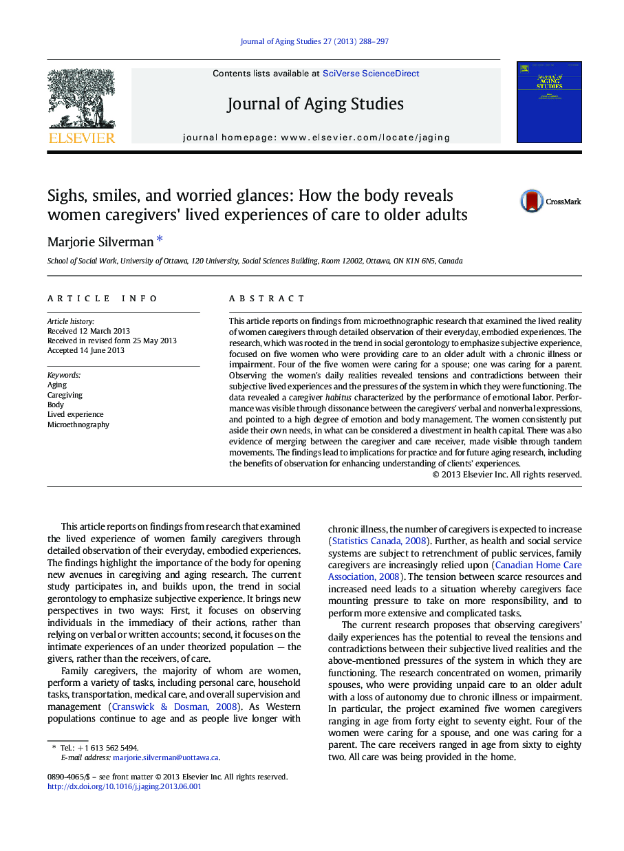 Sighs, smiles, and worried glances: How the body reveals women caregivers' lived experiences of care to older adults