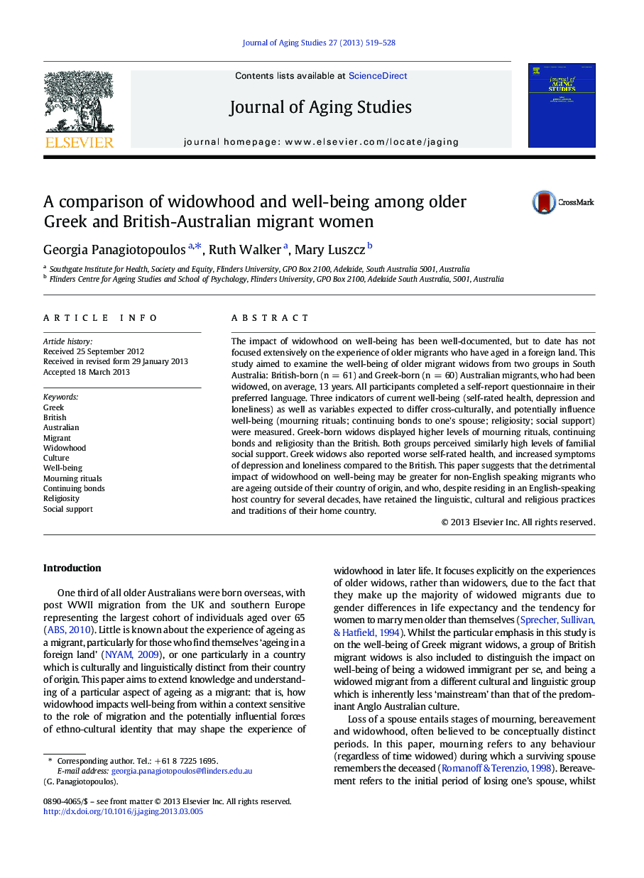 A comparison of widowhood and well-being among older Greek and British-Australian migrant women