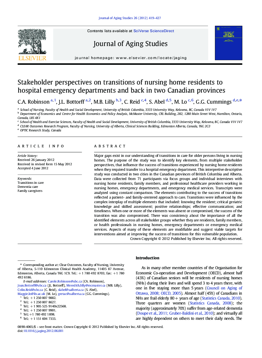 Stakeholder perspectives on transitions of nursing home residents to hospital emergency departments and back in two Canadian provinces