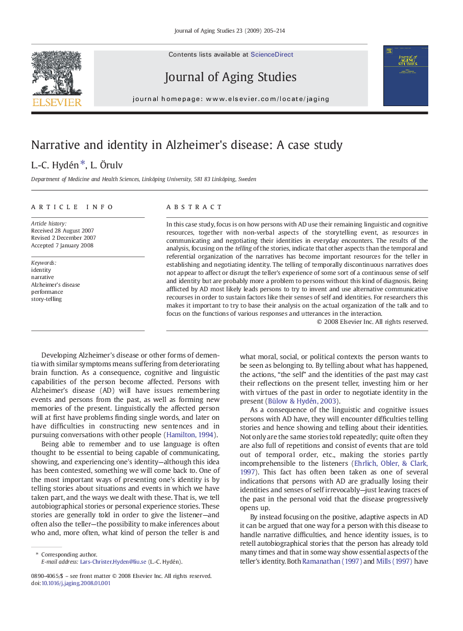 عکس صفحه اول مقاله: Narrative and identity in Alzheimer's disease: A case study Narrative and identity in Alzheimer's disease: A case study