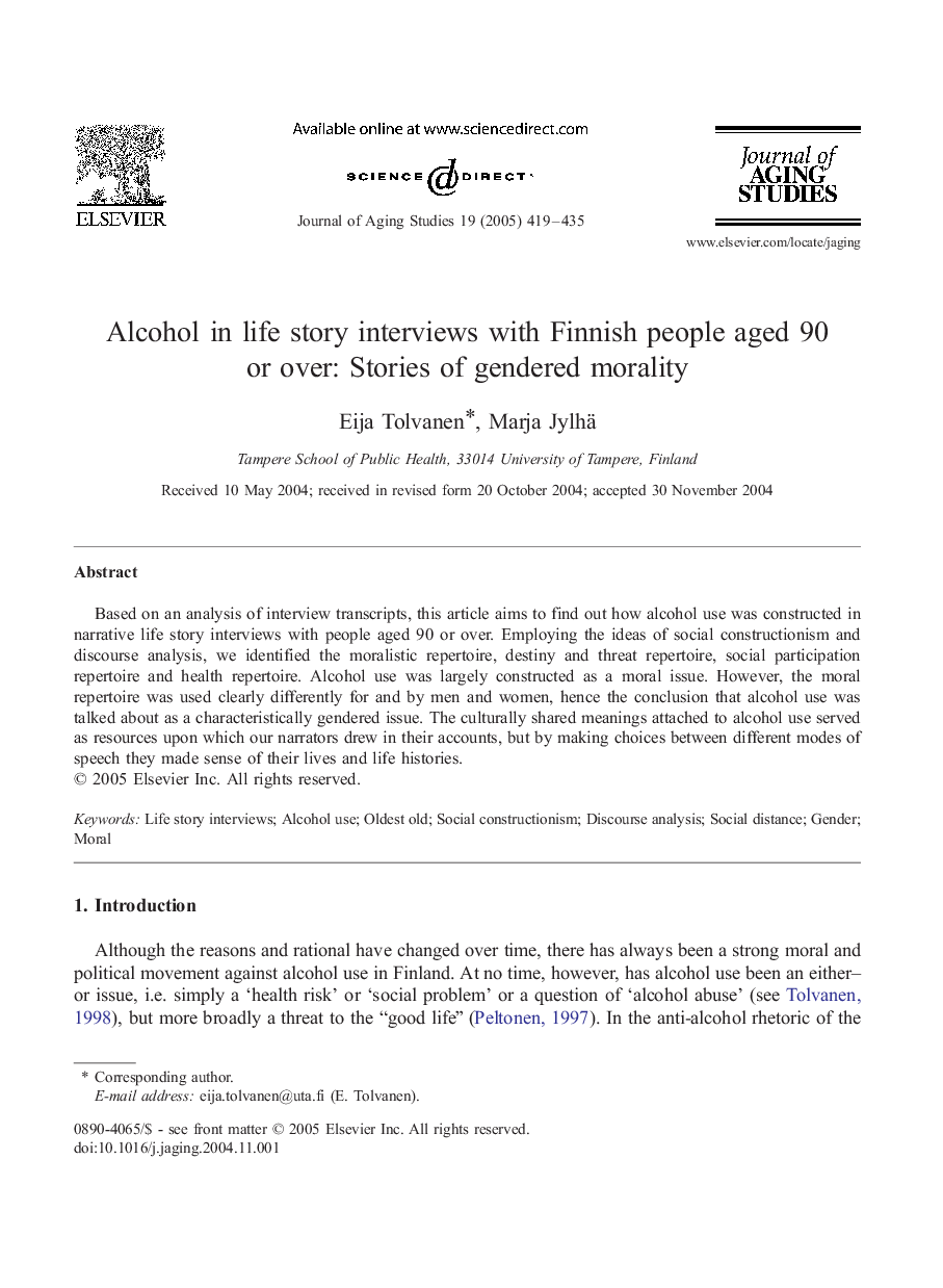 Alcohol in life story interviews with Finnish people aged 90 or over: Stories of gendered morality