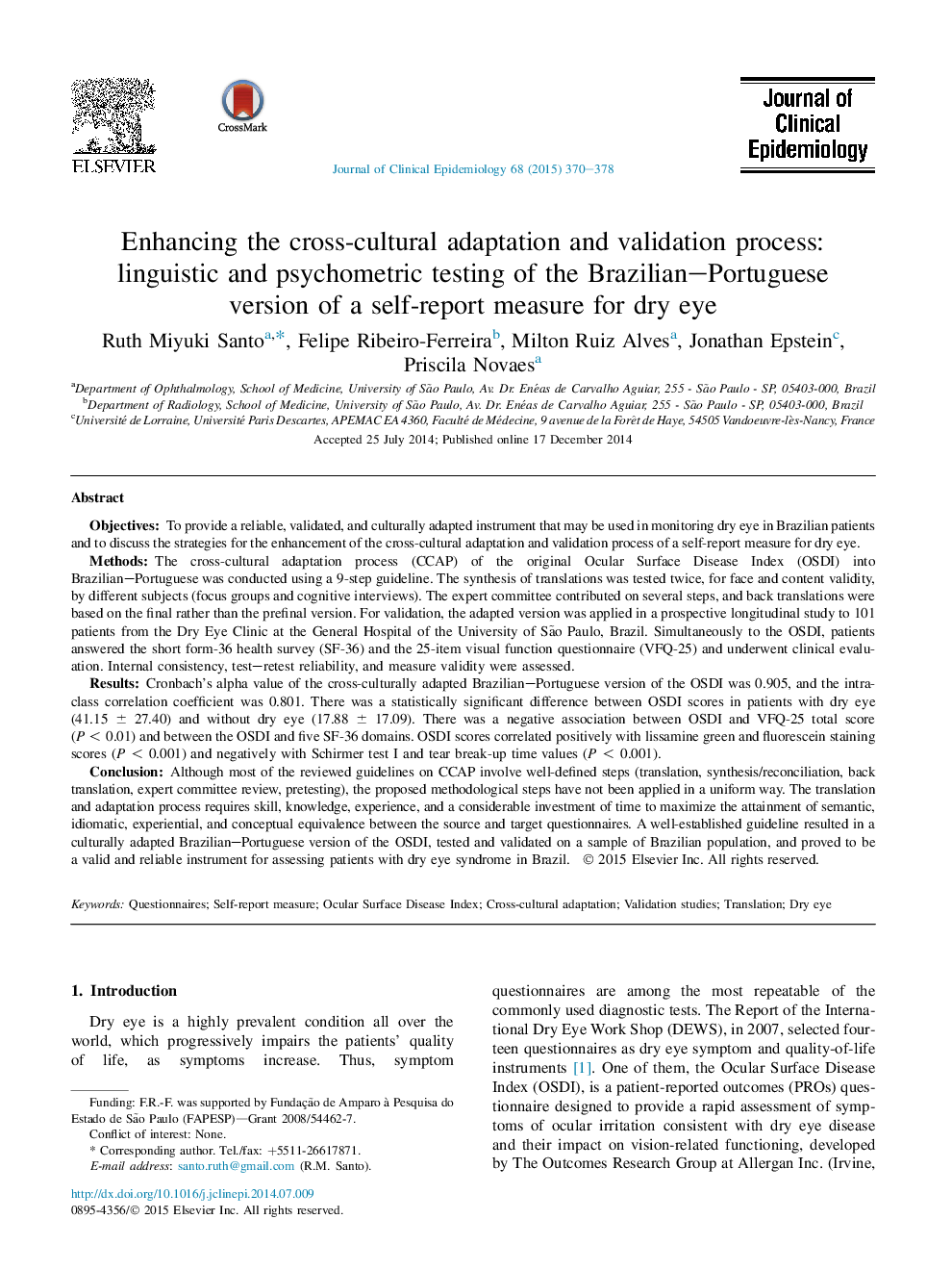 Enhancing the cross-cultural adaptation and validation process: linguistic and psychometric testing of the Brazilian-Portuguese version of a self-report measure for dry eye