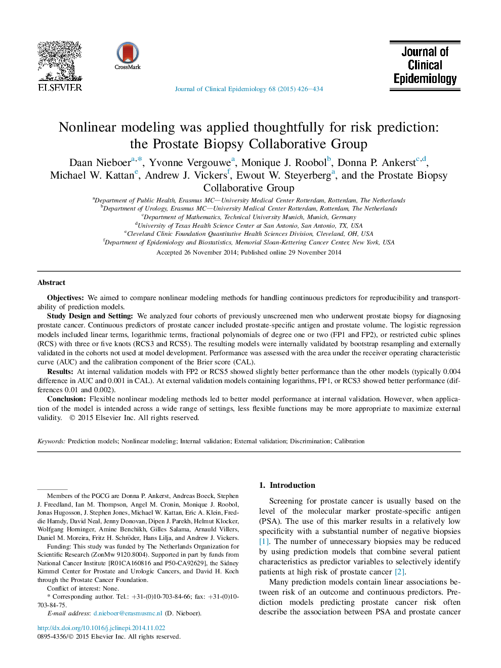 Nonlinear modeling was applied thoughtfully for risk prediction: theÂ Prostate Biopsy Collaborative Group