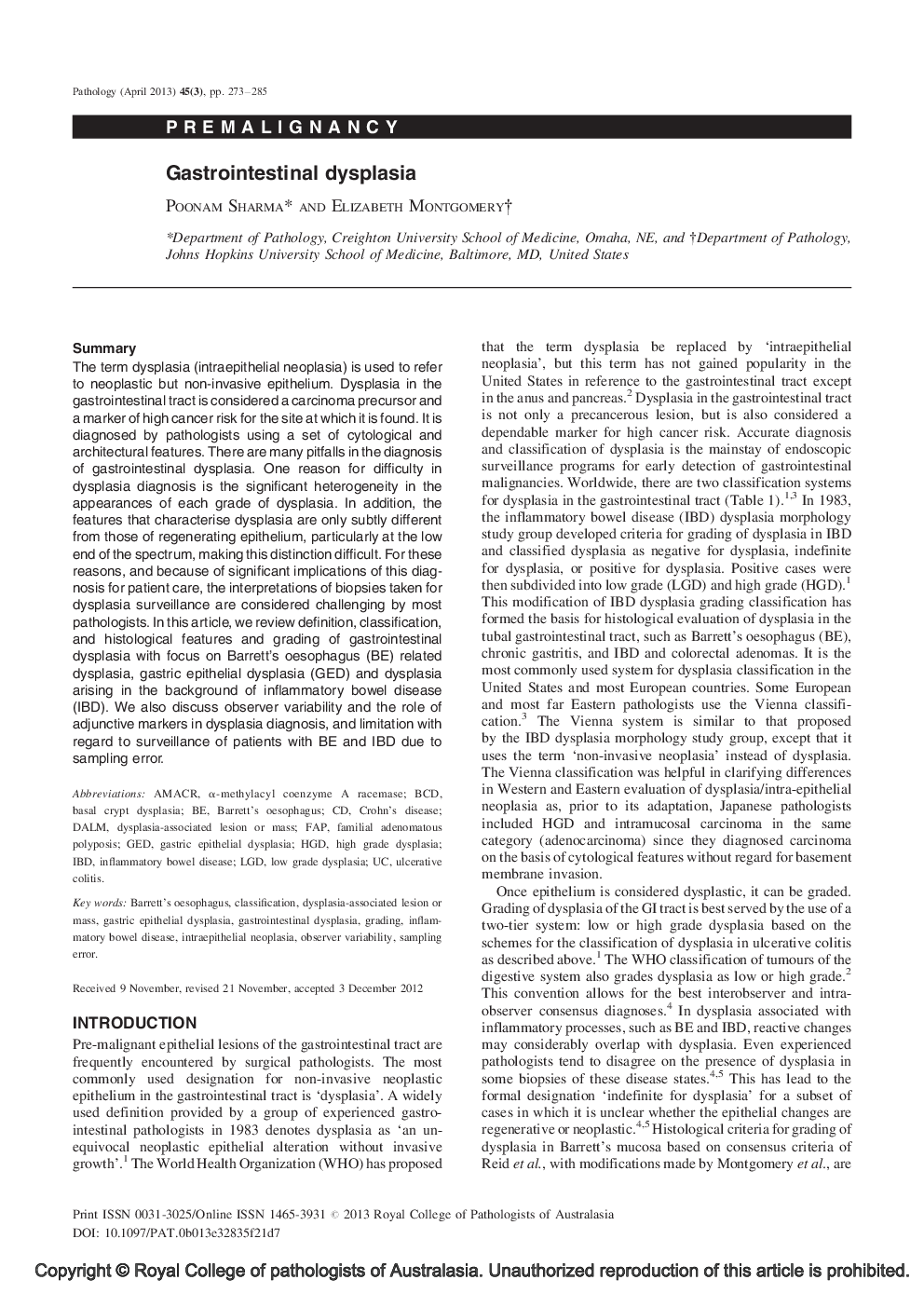 Gastrointestinal dysplasia