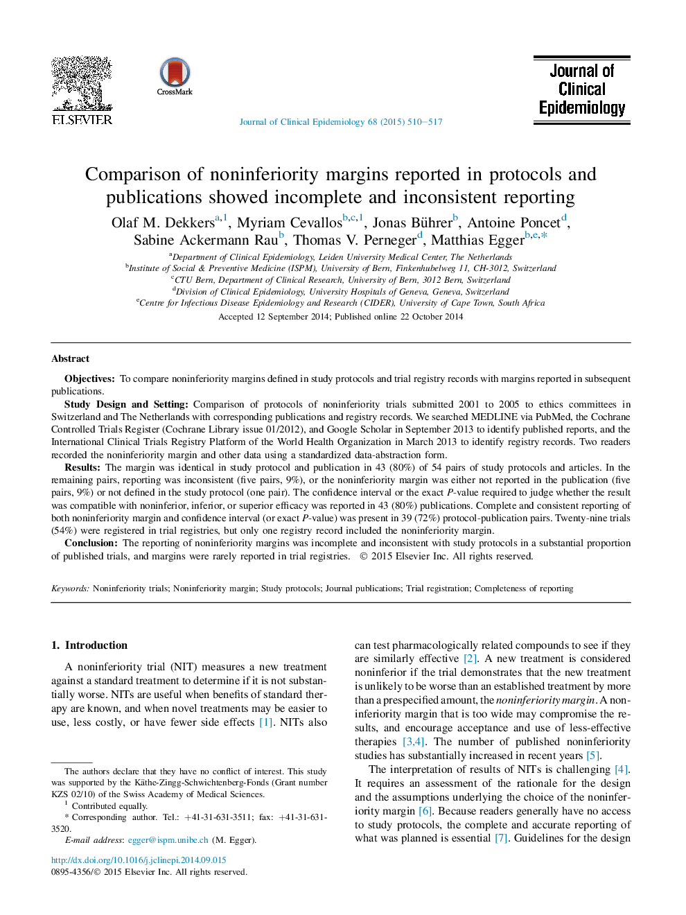 Comparison of noninferiority margins reported in protocols and publications showed incomplete and inconsistent reporting