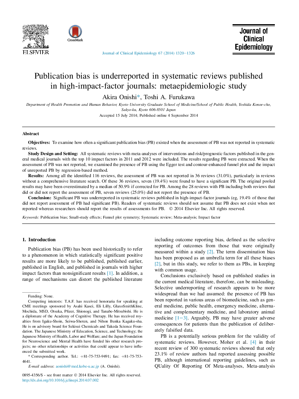 Publication bias is underreported in systematic reviews published in high-impact-factor journals: metaepidemiologic study