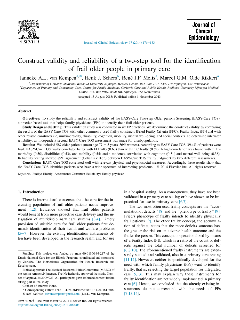 Construct validity and reliability of a two-step tool for the identification of frail older people in primary care