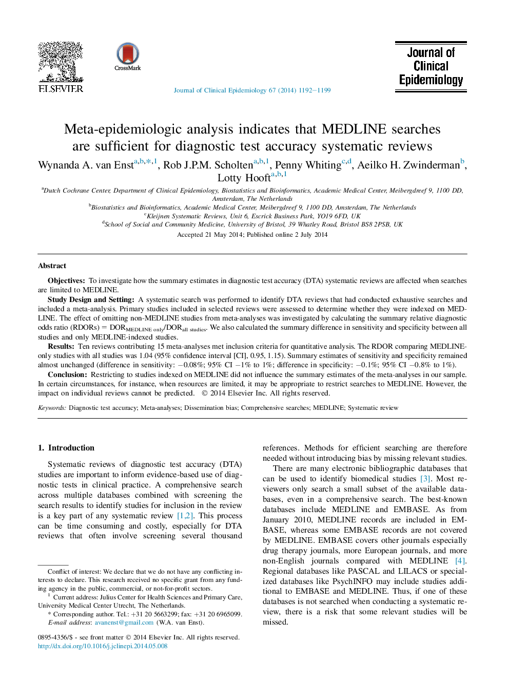 Meta-epidemiologic analysis indicates that MEDLINE searches are sufficient for diagnostic test accuracy systematic reviews