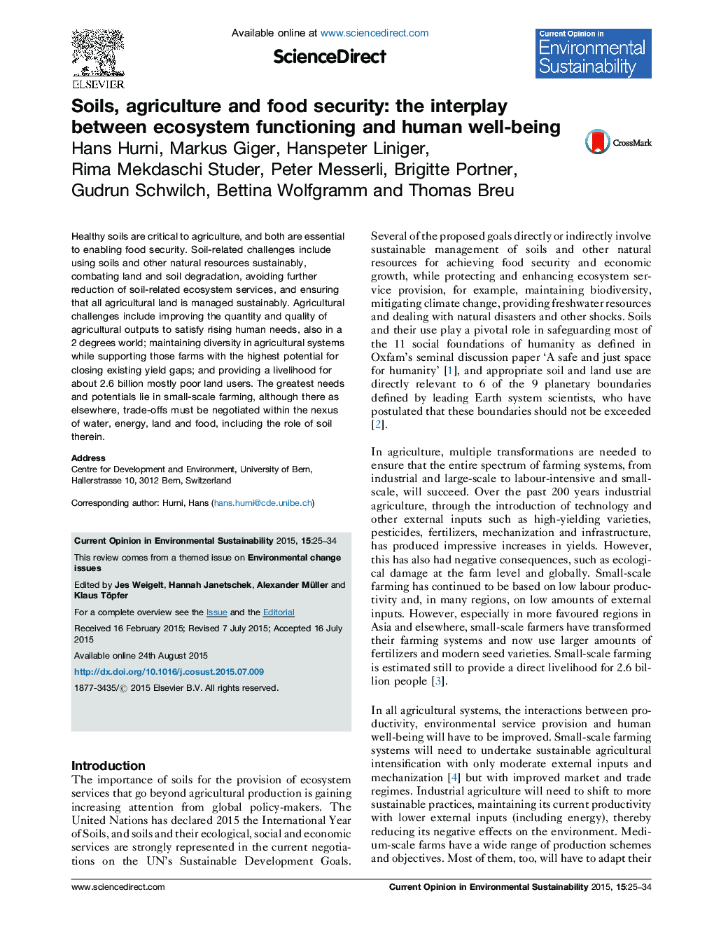 Soils, agriculture and food security: the interplay between ecosystem functioning and human well-being