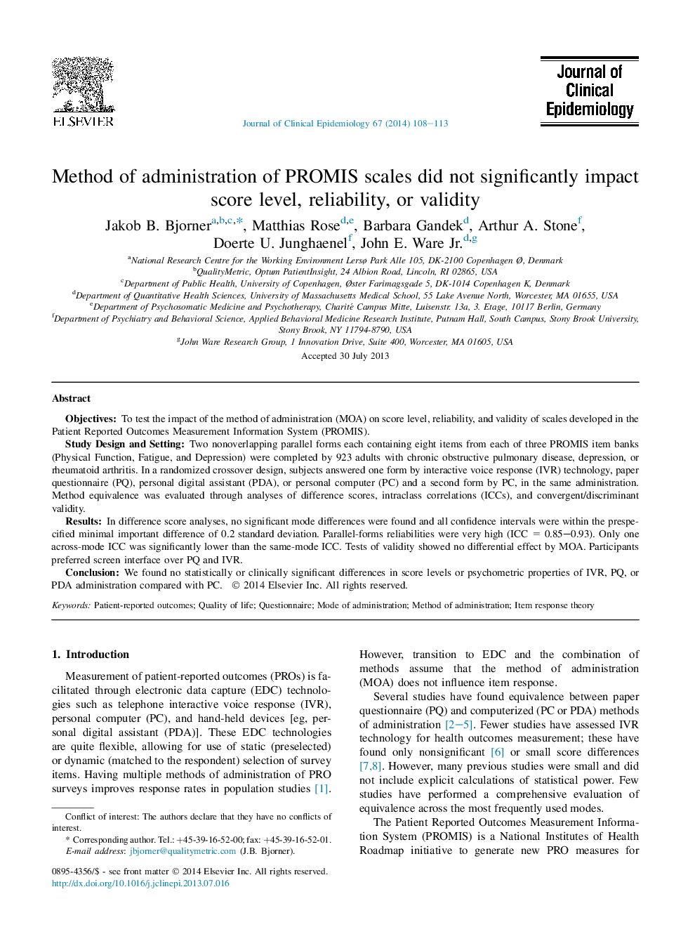 Method of administration of PROMIS scales did not significantly impact score level, reliability, or validity