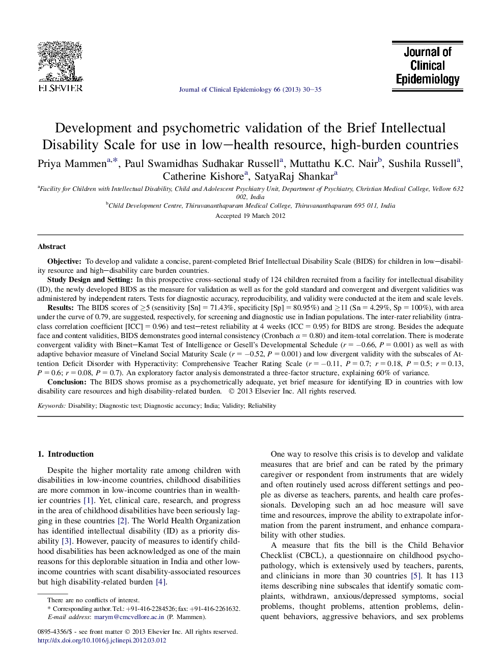 اعتبار سنجی توسعه و اعتبار سنجی از مقیاس ناتوانی فکری کوتاه برای استفاده در منابع کم سلامت، کشور های پر بار 