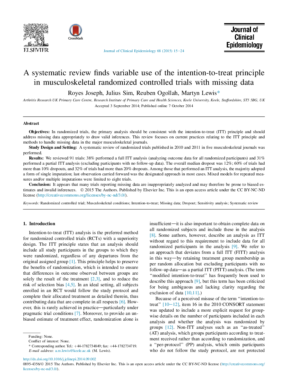 A systematic review finds variable use of the intention-to-treat principle in musculoskeletal randomized controlled trials with missing data