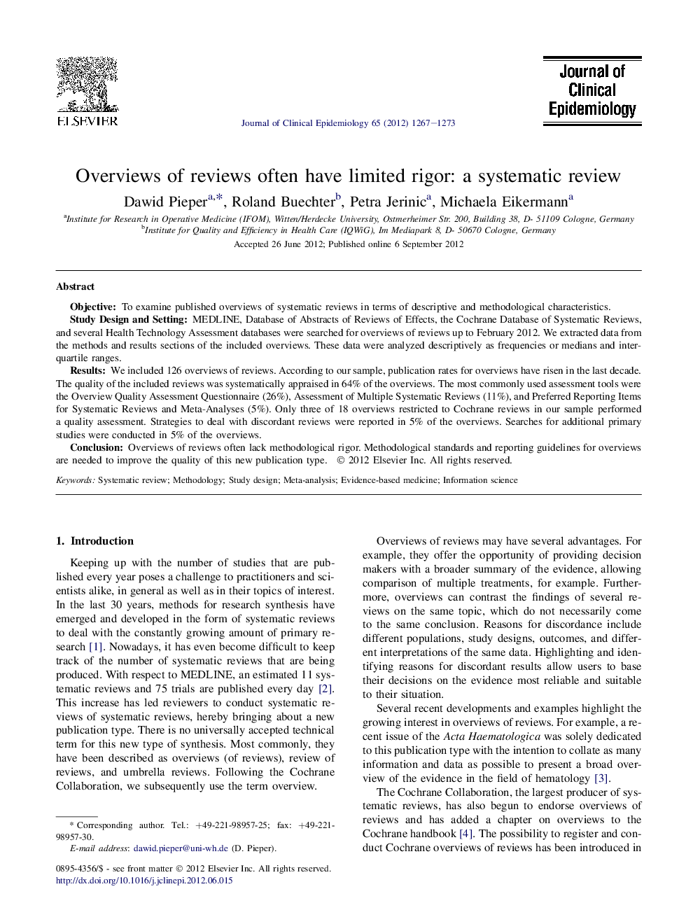 Overviews of reviews often have limited rigor: a systematic review