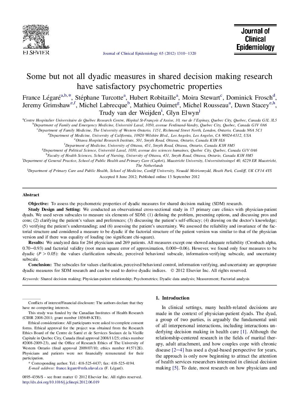 Some but not all dyadic measures in shared decision making research have satisfactory psychometric properties