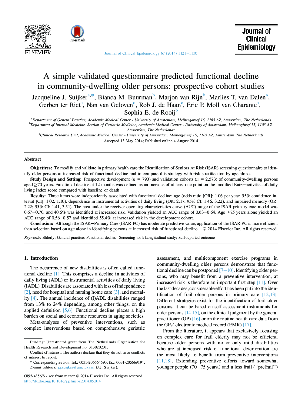 A simple validated questionnaire predicted functional decline in community-dwelling older persons: prospective cohort studies