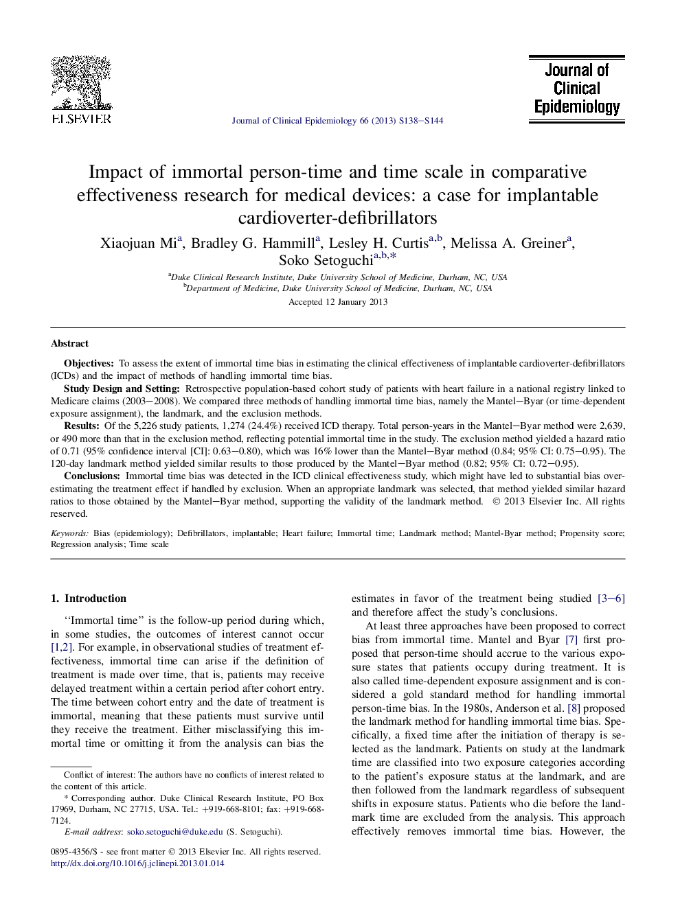 Impact of immortal person-time and time scale in comparative effectiveness research for medical devices: a case for implantable cardioverter-defibrillators