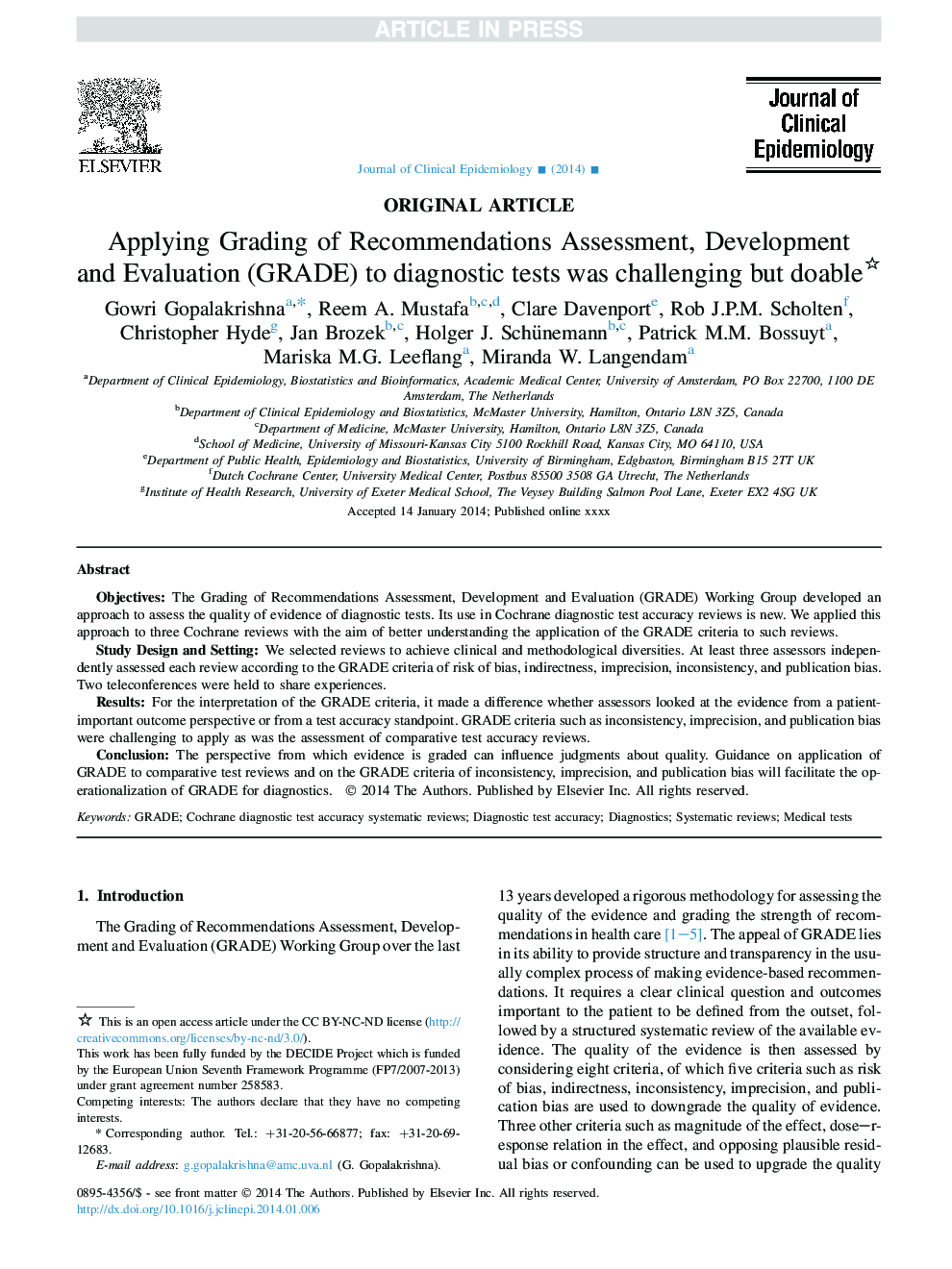 Applying Grading of Recommendations Assessment, Development and Evaluation (GRADE) to diagnostic tests was challenging but doable