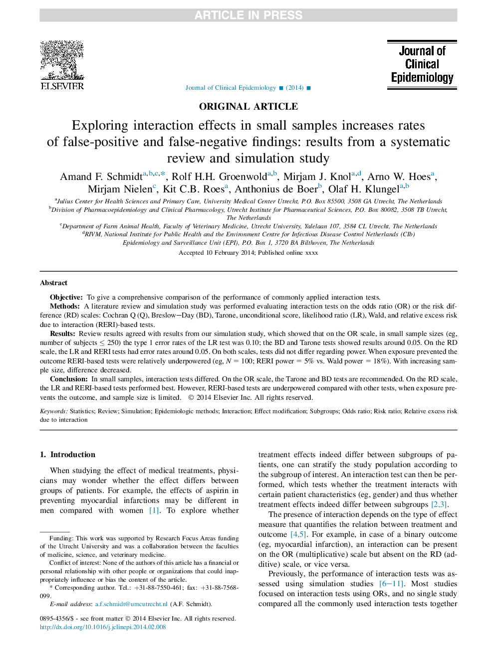 بررسی اثرات متقابل در نمونه های کوچک باعث افزایش میزان یافته های غلط مثبت و منفی کاذب می شود: نتایج حاصل از بررسی سیستماتیک و مطالعه شبیه سازی 