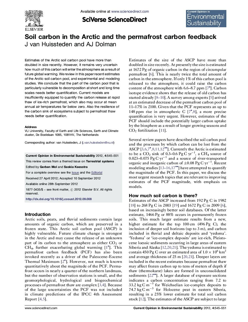 عکس صفحه اول مقاله: Soil carbon in the Arctic and the permafrost carbon feedback Soil carbon in the Arctic and the permafrost carbon feedback