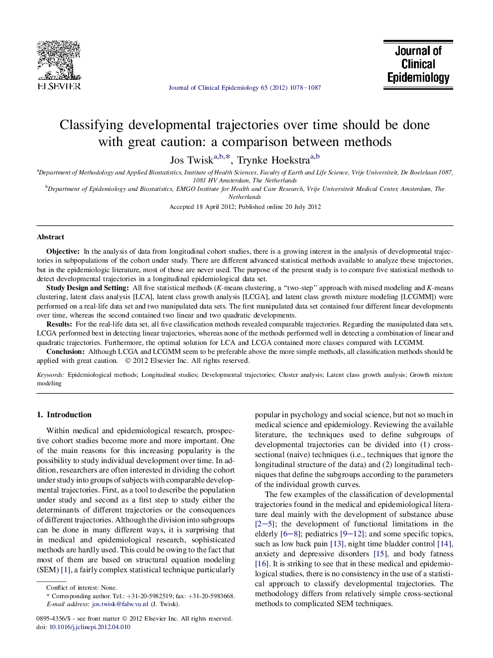 Classifying developmental trajectories over time should be done with great caution: a comparison between methods