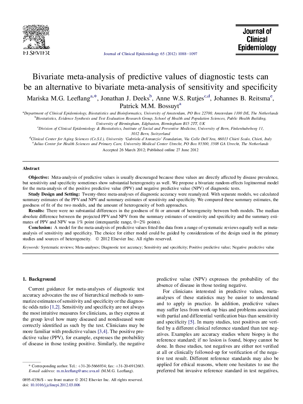 Bivariate meta-analysis of predictive values of diagnostic tests can be an alternative to bivariate meta-analysis of sensitivity and specificity