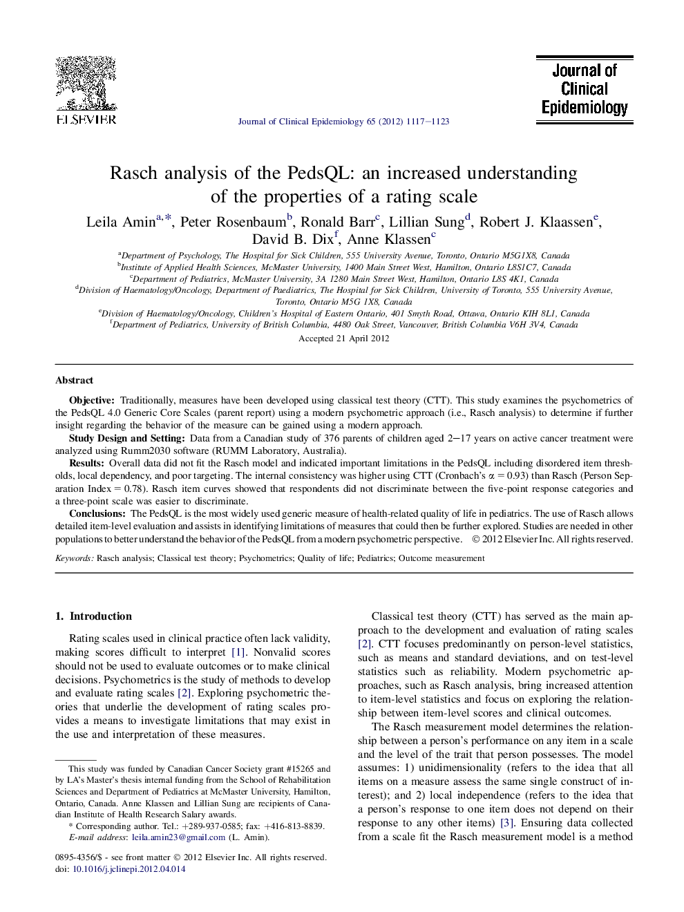 Rasch analysis of the PedsQL: an increased understanding of the properties of a rating scale