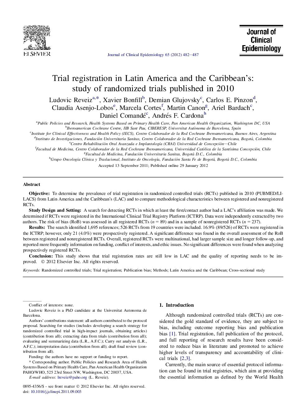 Trial registration in Latin America and the Caribbean's: study of randomized trials published in 2010