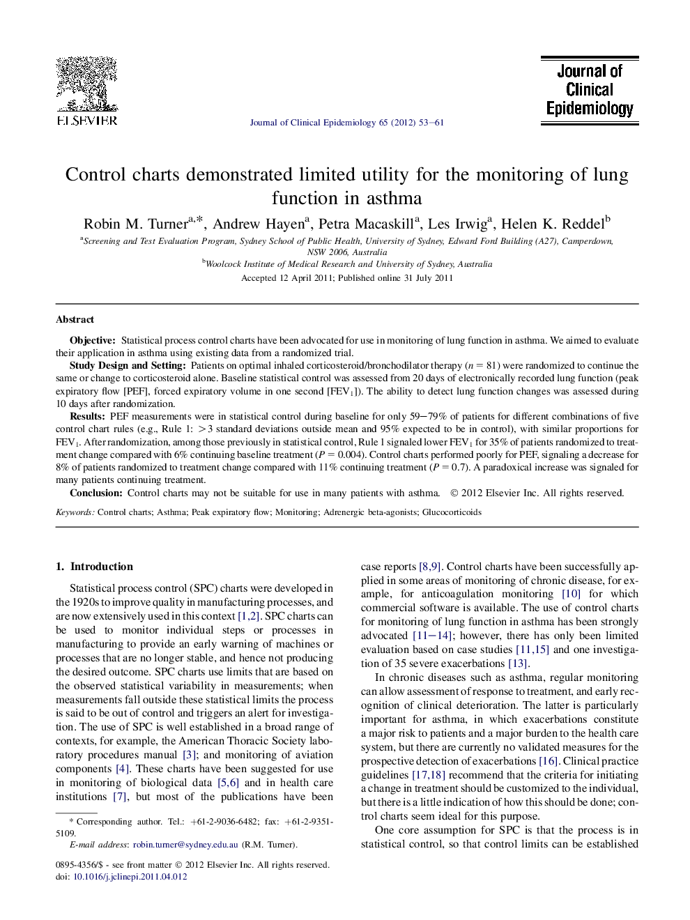 Control charts demonstrated limited utility for the monitoring of lung function in asthma