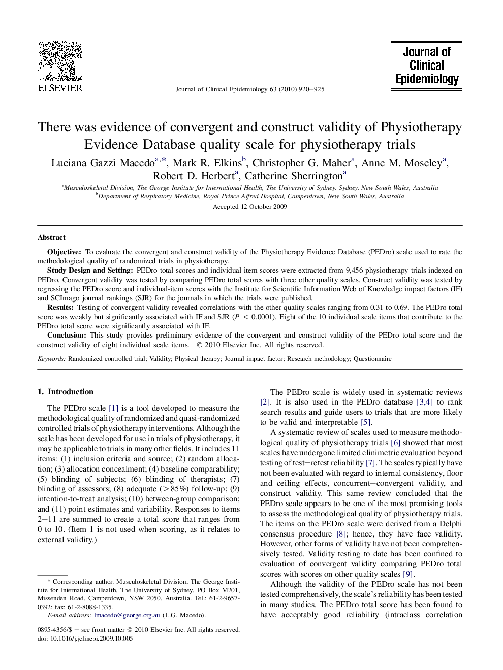 There was evidence of convergent and construct validity of Physiotherapy Evidence Database quality scale for physiotherapy trials